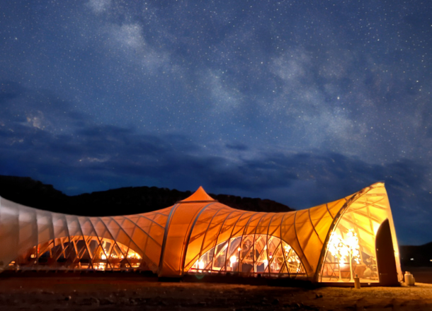 STROHBOID Pavilion at Night in Colorado